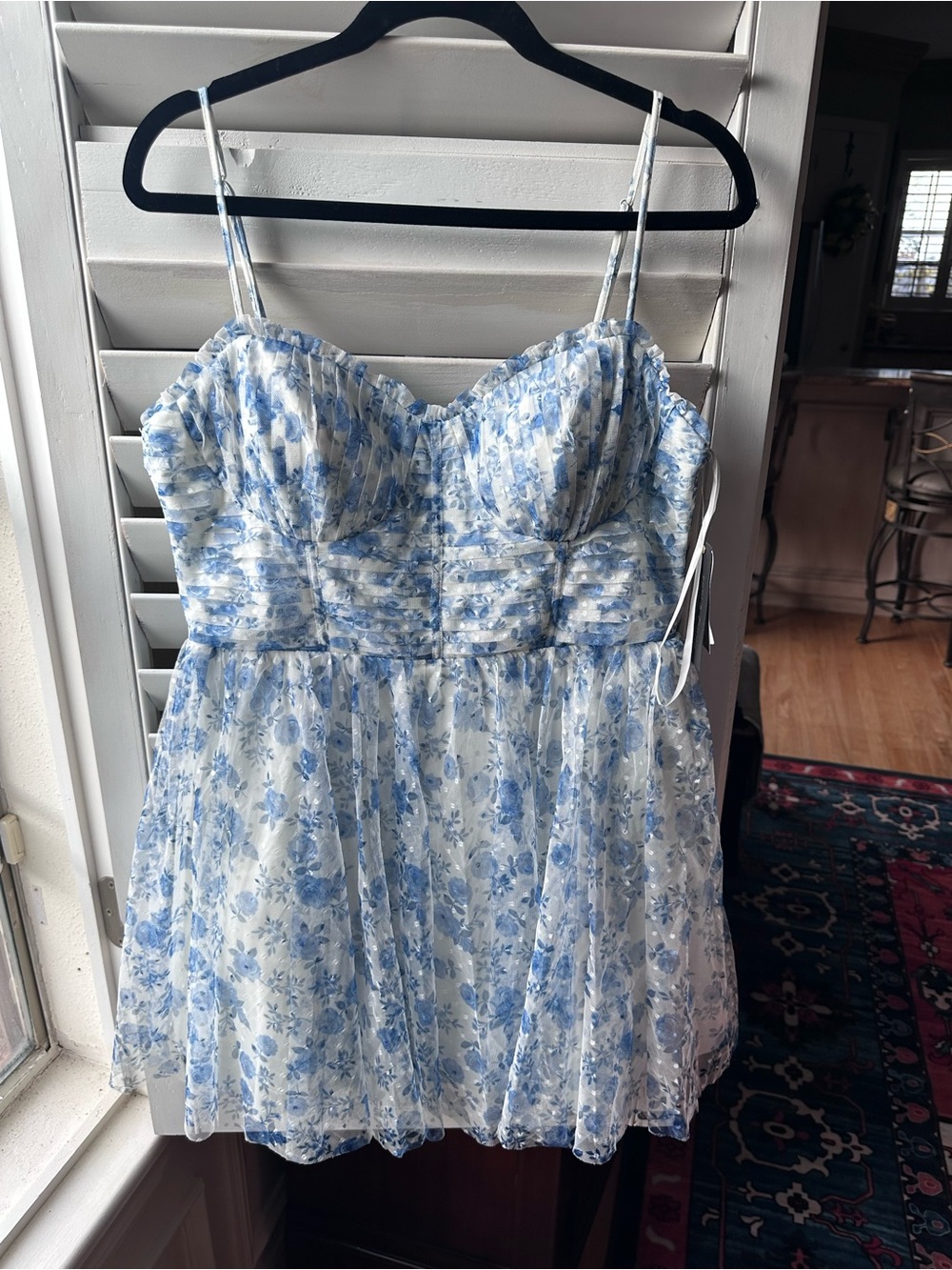 Blue Floral Spaghetti-Strap Formal Dress